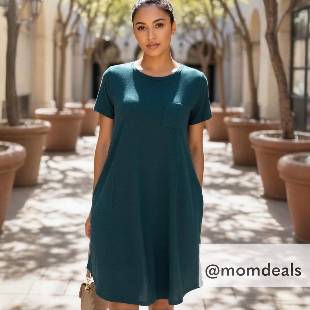 LulaRoe Carly Swing Midi Dress Front Pocket Relaxed Fit Heathered Green XS 2-4